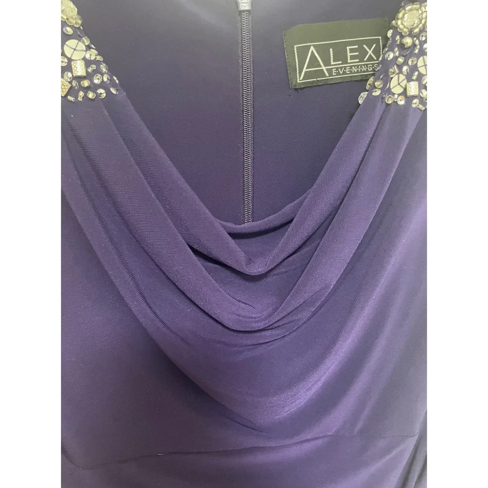 Alex Evenings Cocktail‎ Dress Royal Blue Jersey Beaded Shoulder Draped Formal